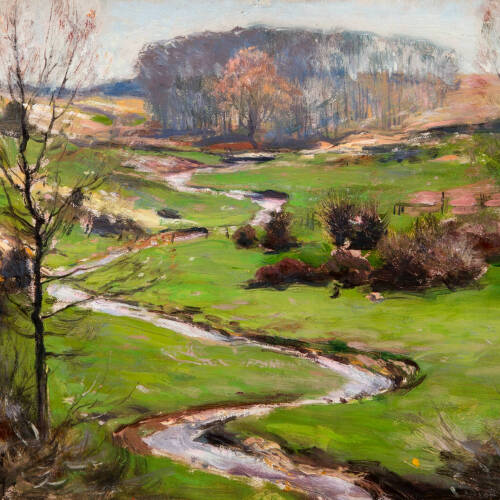 Painting of a stream with green grass, trees and bushes on either side.